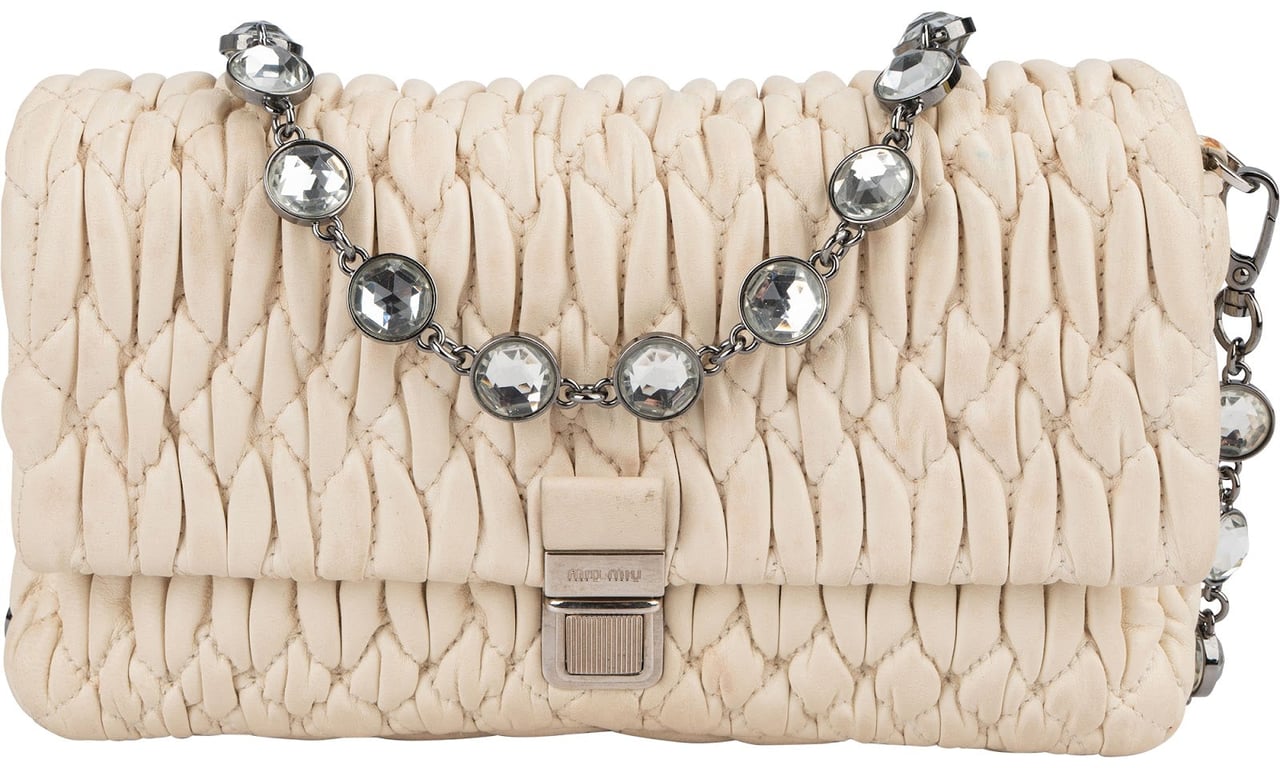 Miu Miu Matelassé Nappa Leather Crystal Chain Crossbody Bag Wit