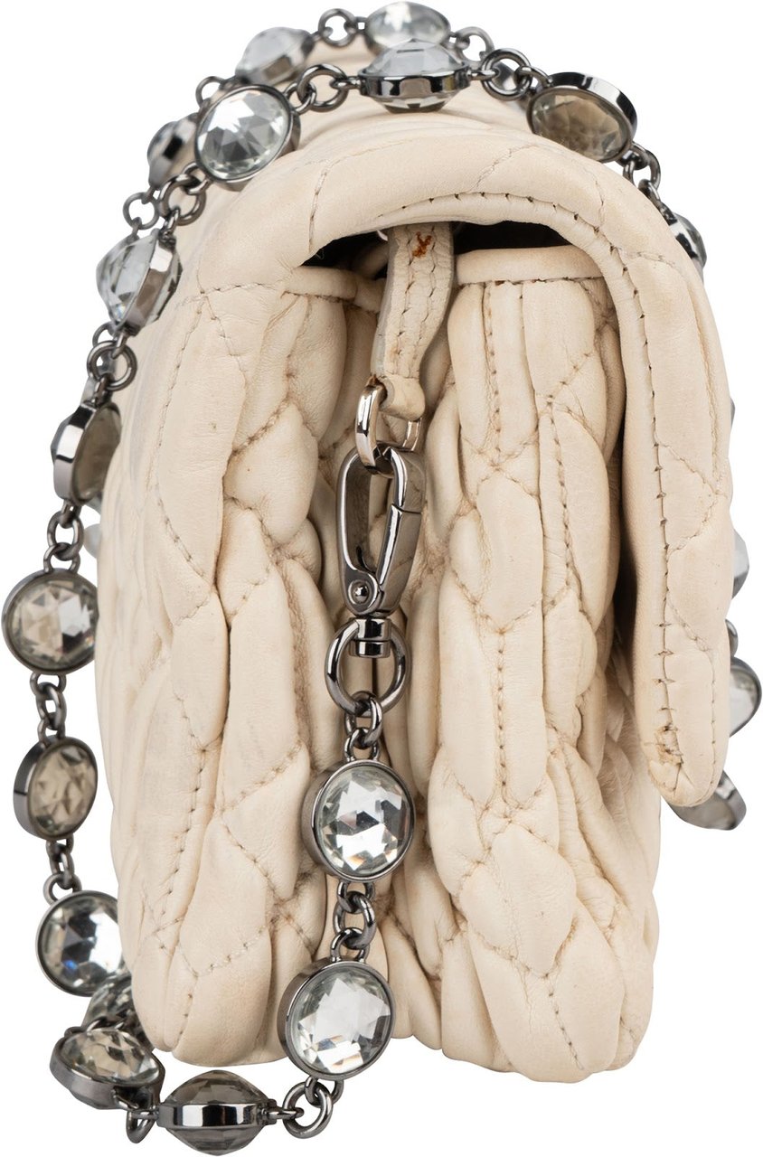 Miu Miu Matelassé Nappa Leather Crystal Chain Crossbody Bag Wit