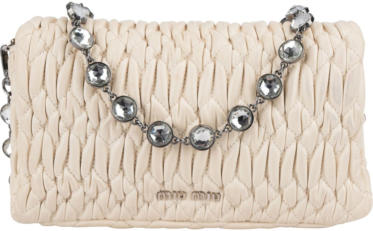 Miu Miu Matelassé Nappa Leather Crystal Chain Crossbody Bag Wit