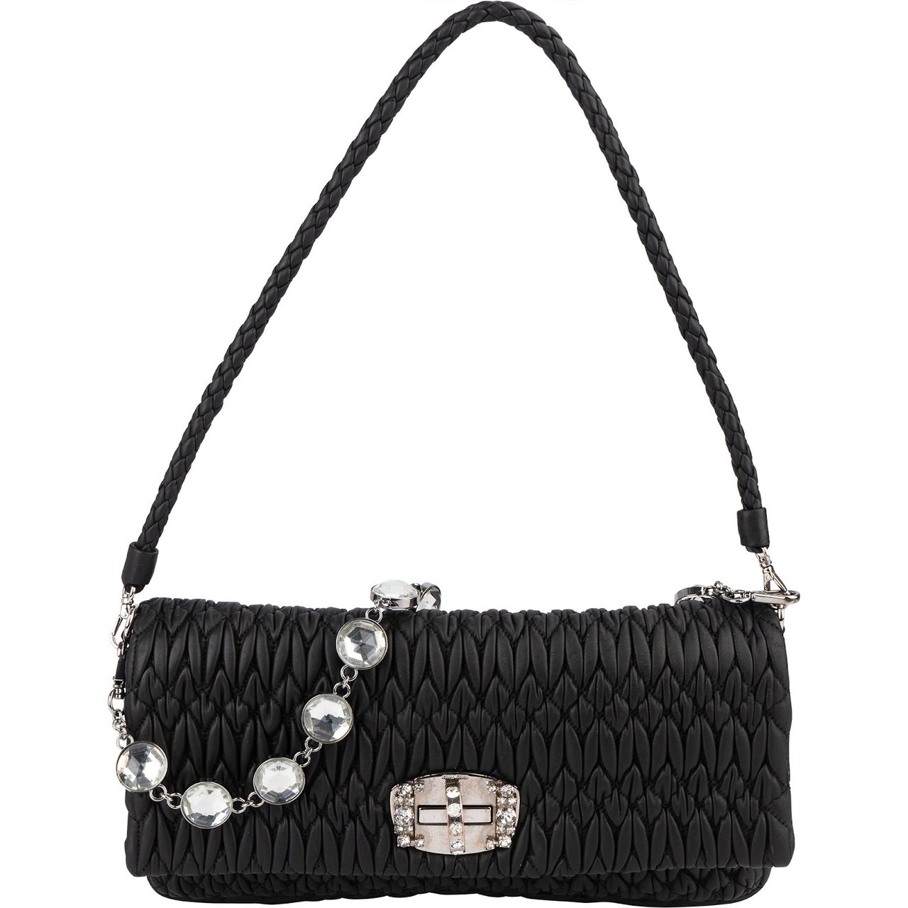 Miu Miu Miu Miu Matelassé Nappa Leather Crystal Flap Shoulder Bag Zwart