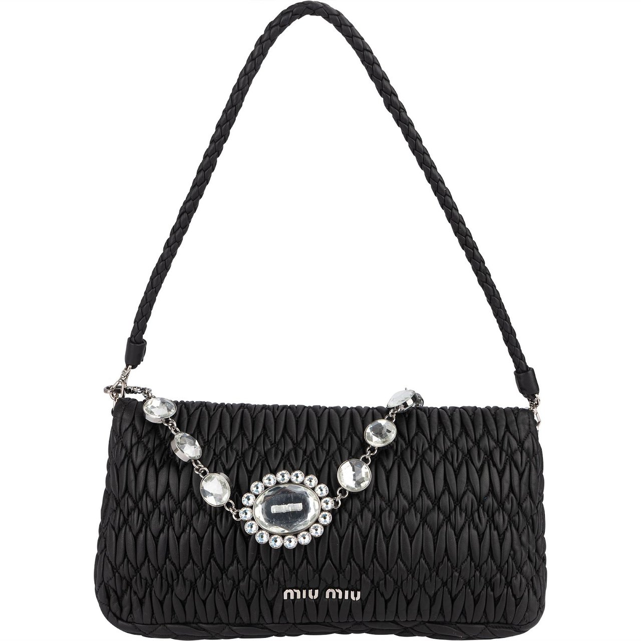 Miu Miu Miu Miu Matelassé Nappa Leather Crystal Flap Shoulder Bag Zwart