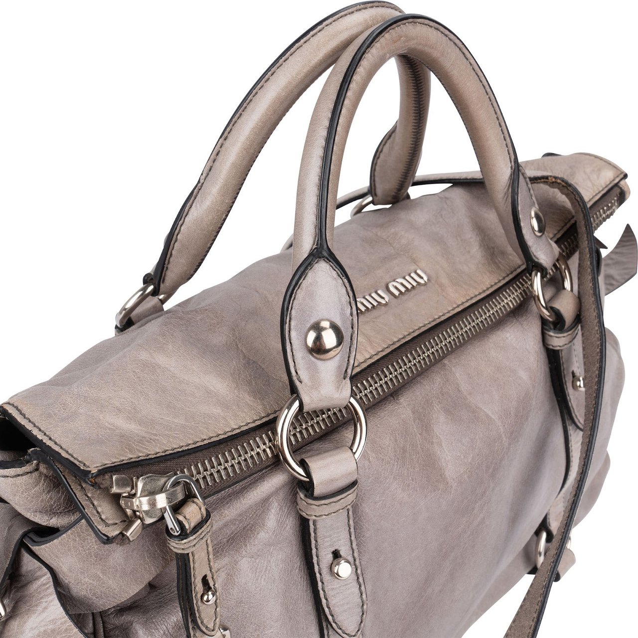 Miu Miu Miu Miu Grey Vitello Lux Bow Satchel Handbag Donkergrijs