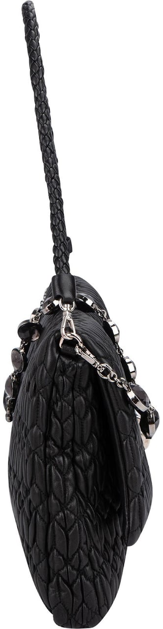 Miu Miu Miu Miu Matelassé Nappa Leather Hobo Crystal Embellishment Shoulder Bag Zwart