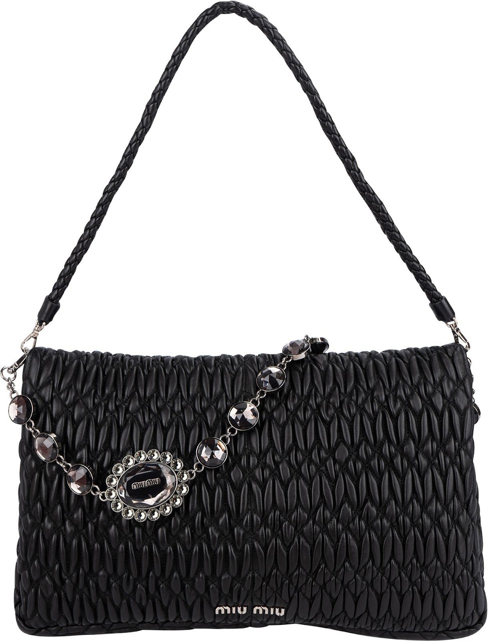 Miu Miu Miu Miu Matelassé Nappa Leather Hobo Crystal Embellishment Shoulder Bag Zwart
