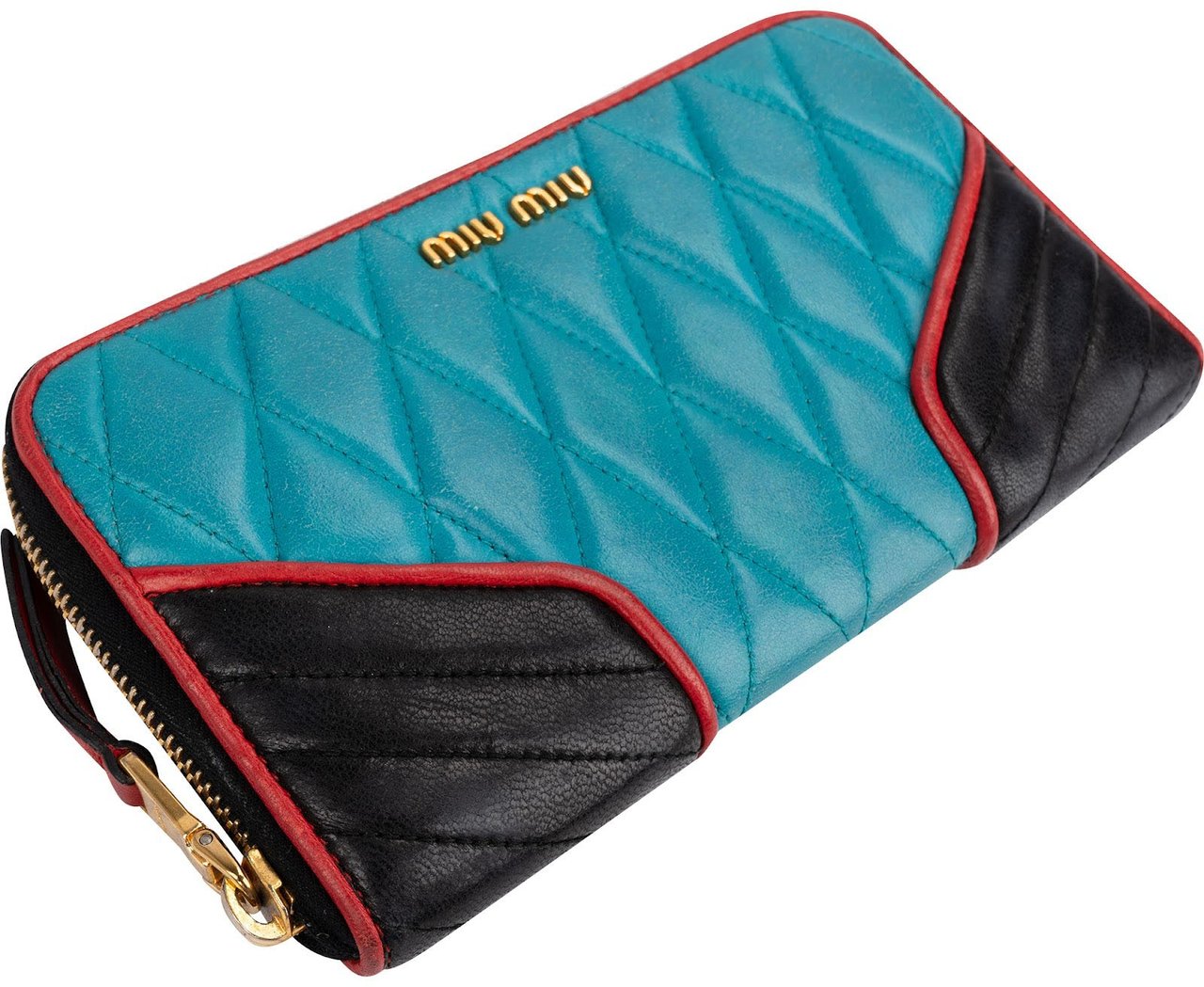 Miu Miu Quilted Nappa Leather Colorblock Biker Zip Around Wallet Zwart