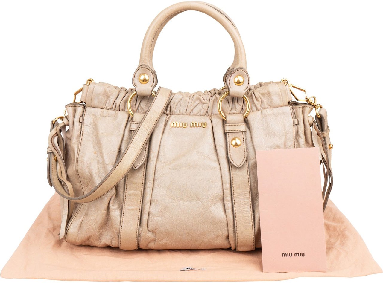 Miu Miu Vitello Lux Bauletto Satchel Handbag Beige