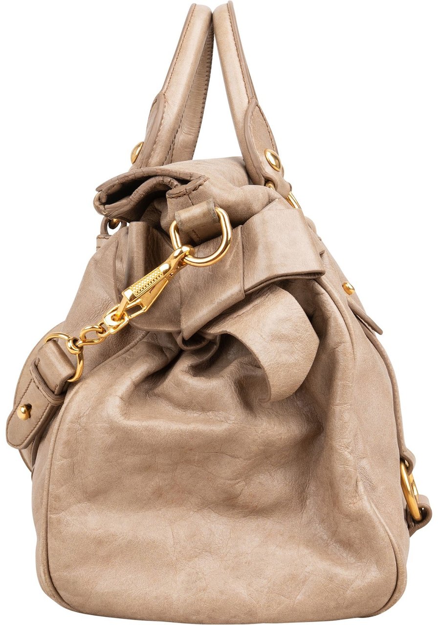 Miu Miu Vitello Lux Bow Satchel Handbag Beige
