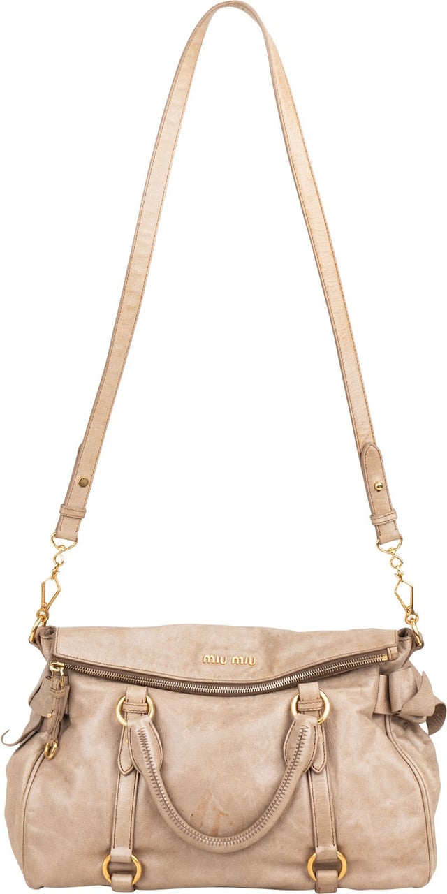 Miu Miu Vitello Lux Bow Satchel Handbag Beige