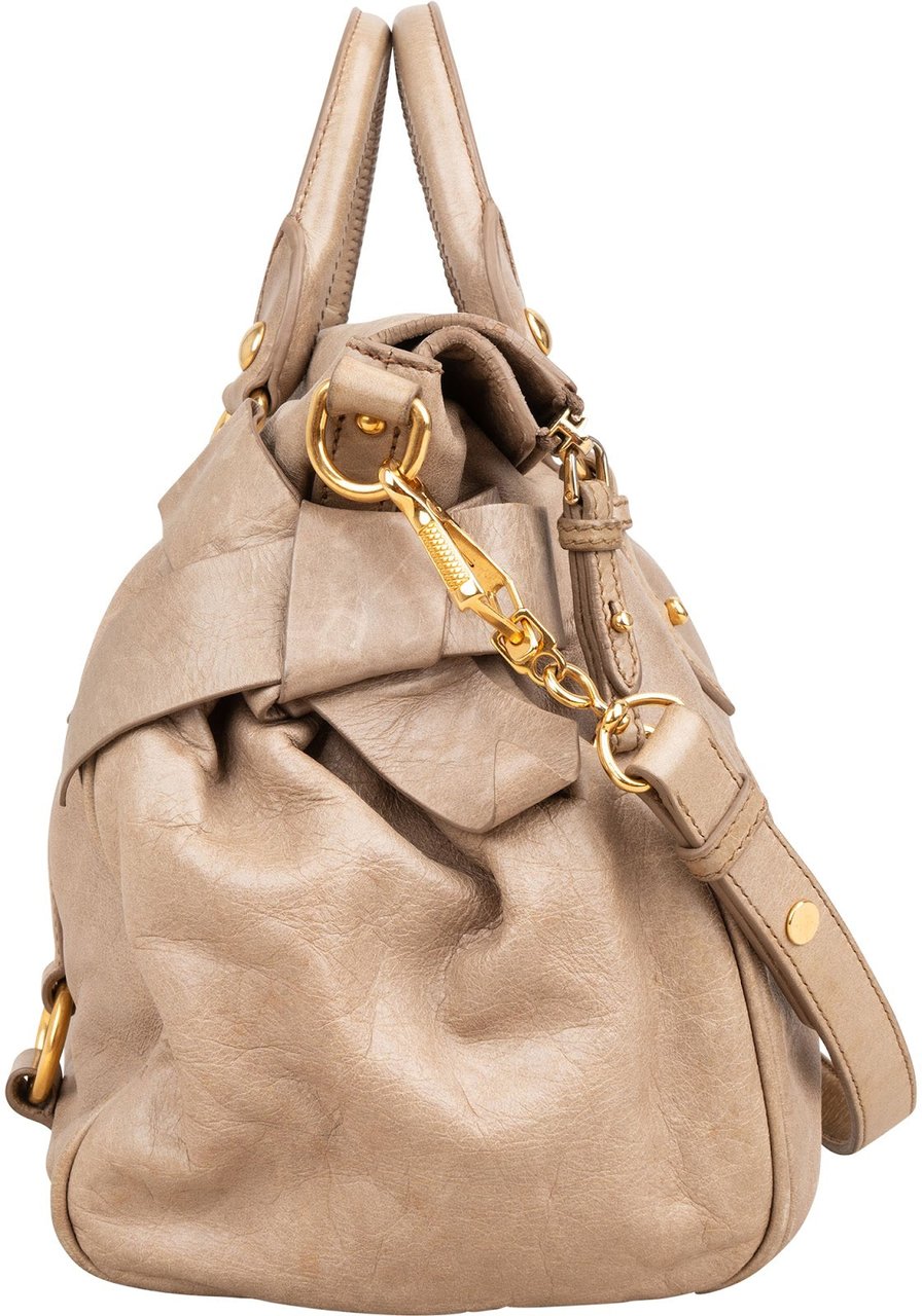 Miu Miu Vitello Lux Bow Satchel Handbag Beige