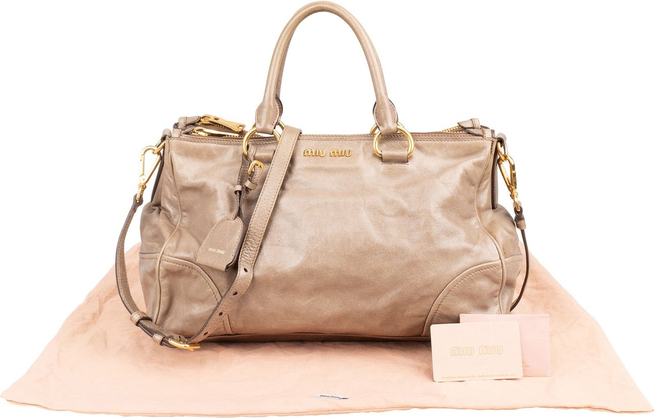 Miu Miu Vitello Shine Satchel Handbag Taupe