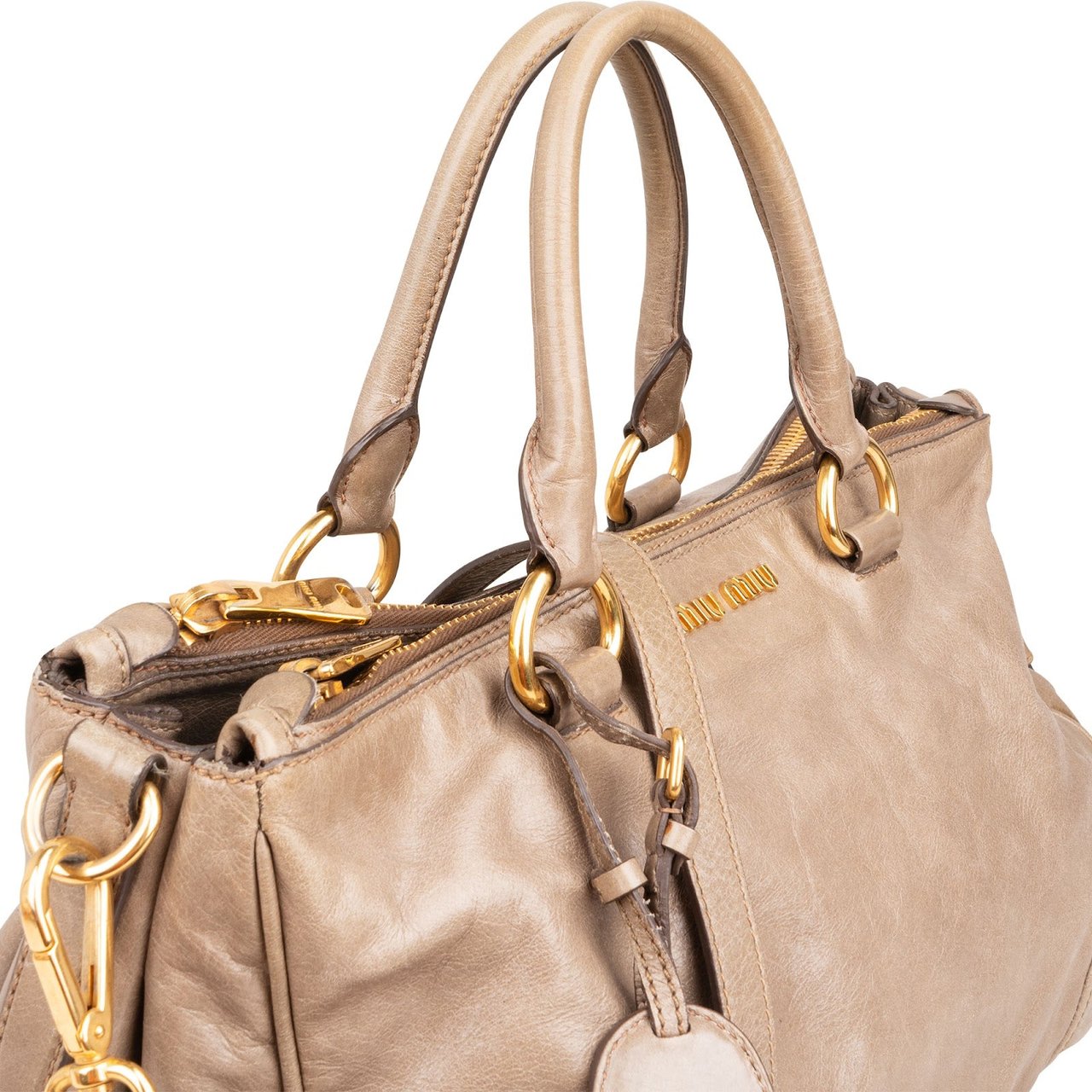 Miu Miu Vitello Shine Satchel Handbag Taupe