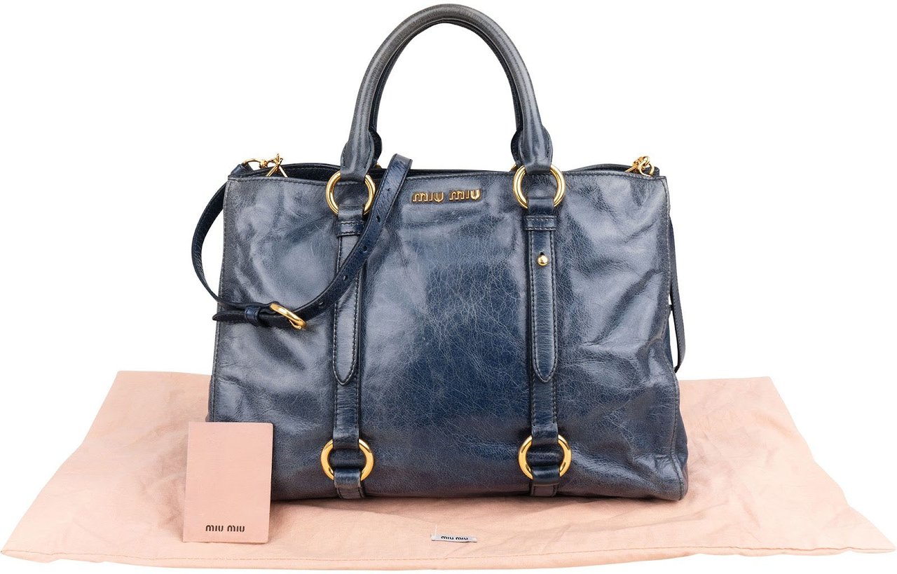 Miu Miu Blue Vitello Lux Tote Handbag Blauw