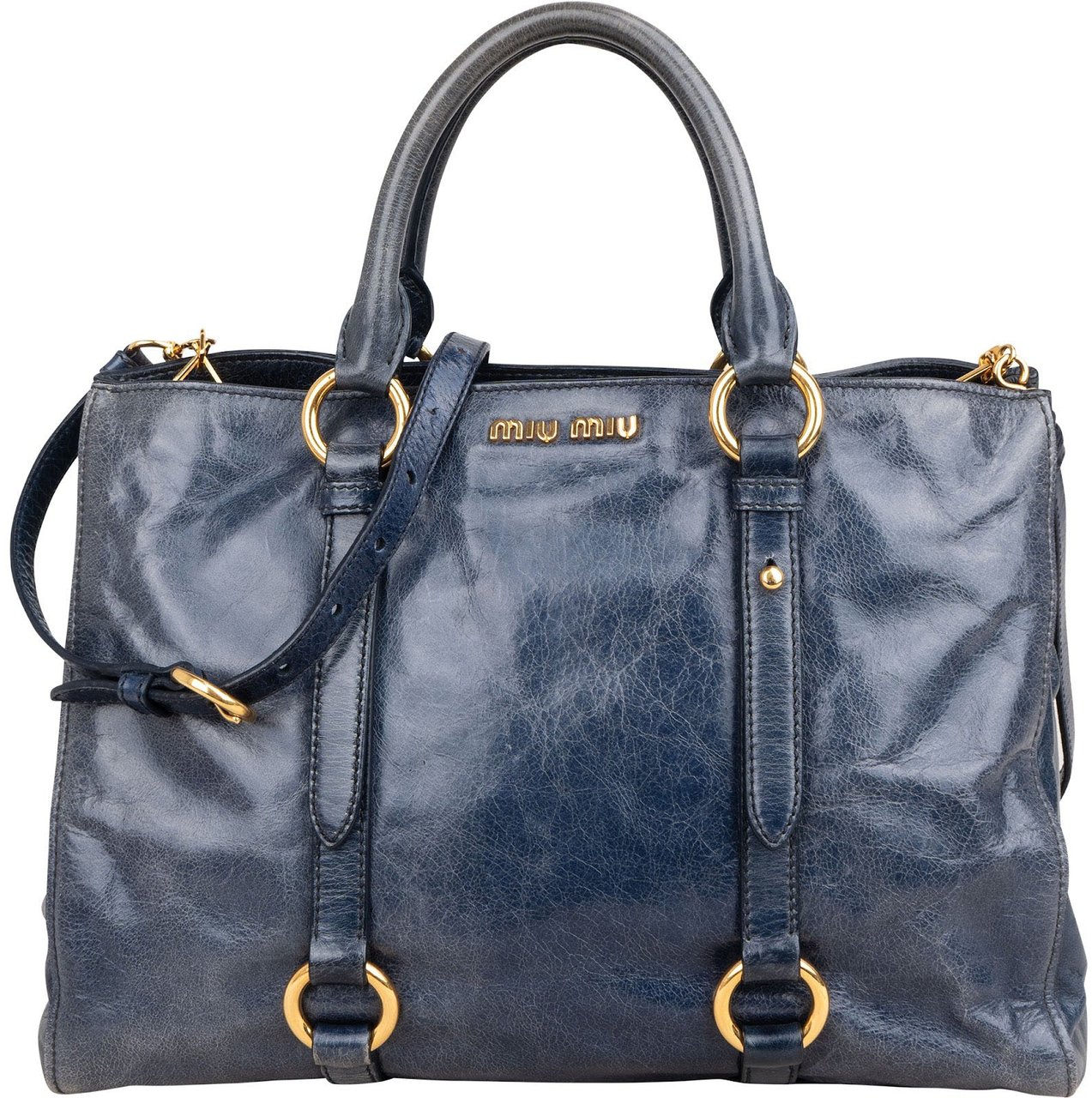 Miu Miu Blue Vitello Lux Tote Handbag Blauw