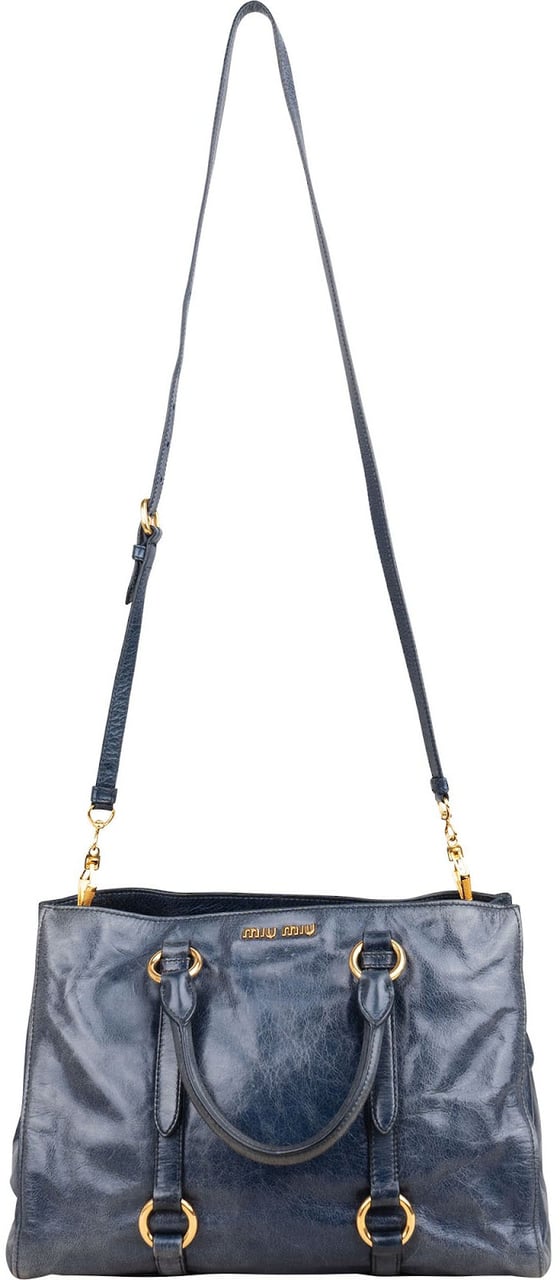 Miu Miu Blue Vitello Lux Tote Handbag Blauw