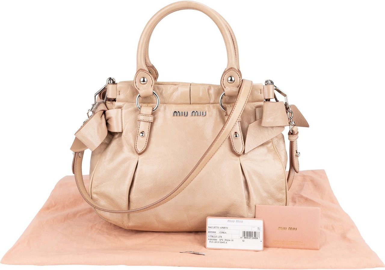 Miu Miu Vitello Lux Bow Bag Handbag Beige