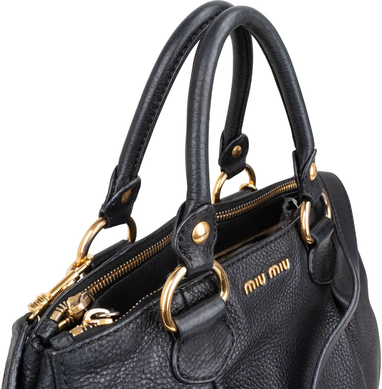 Miu Miu Vitello Daino Leather Tote Hobo Handbag Zwart