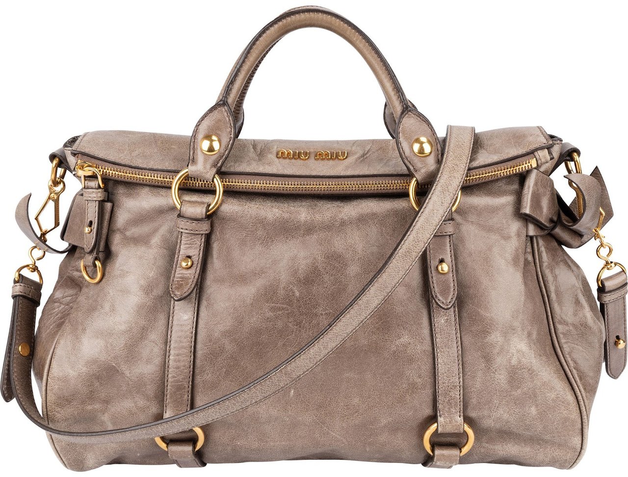 Miu Miu Vitello Lux Leather Bow Handbag Neutraal