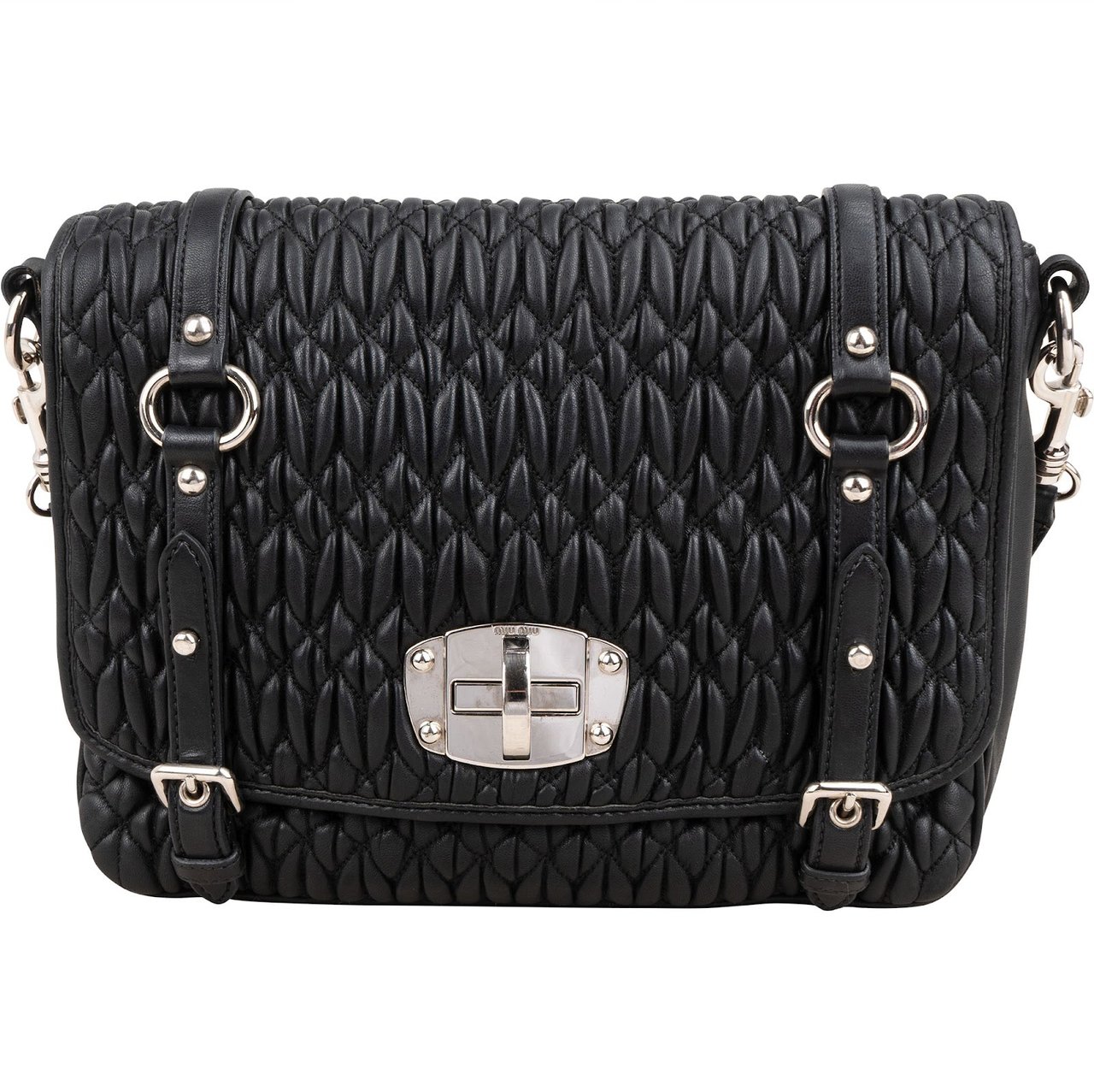 Miu Miu Matelassé Nappa Leather Cuir Turnlock Flap Crossbody Bag Zwart
