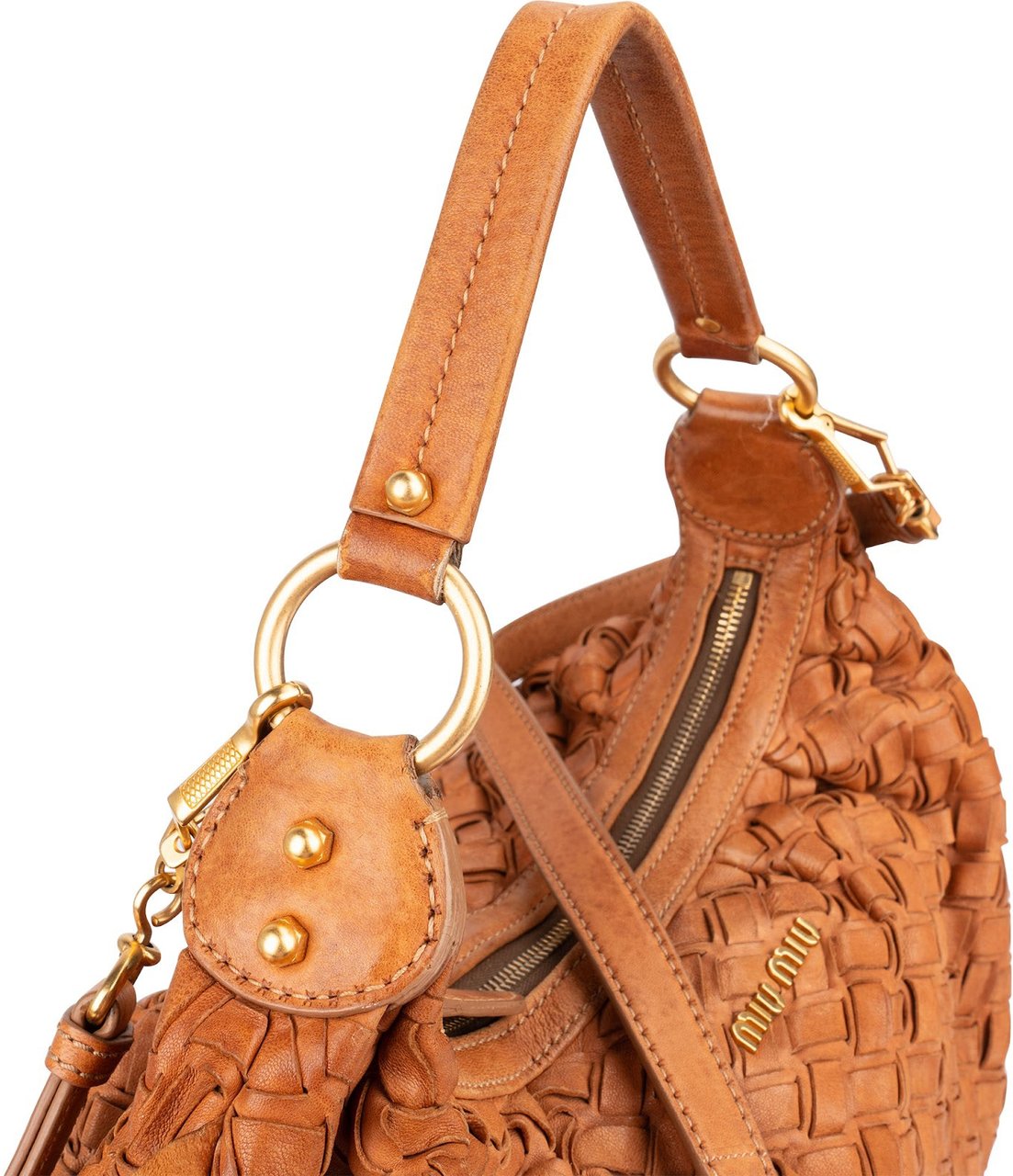 Miu Miu Woven Leather Fringe Hobo Shoulder Bag Bruin