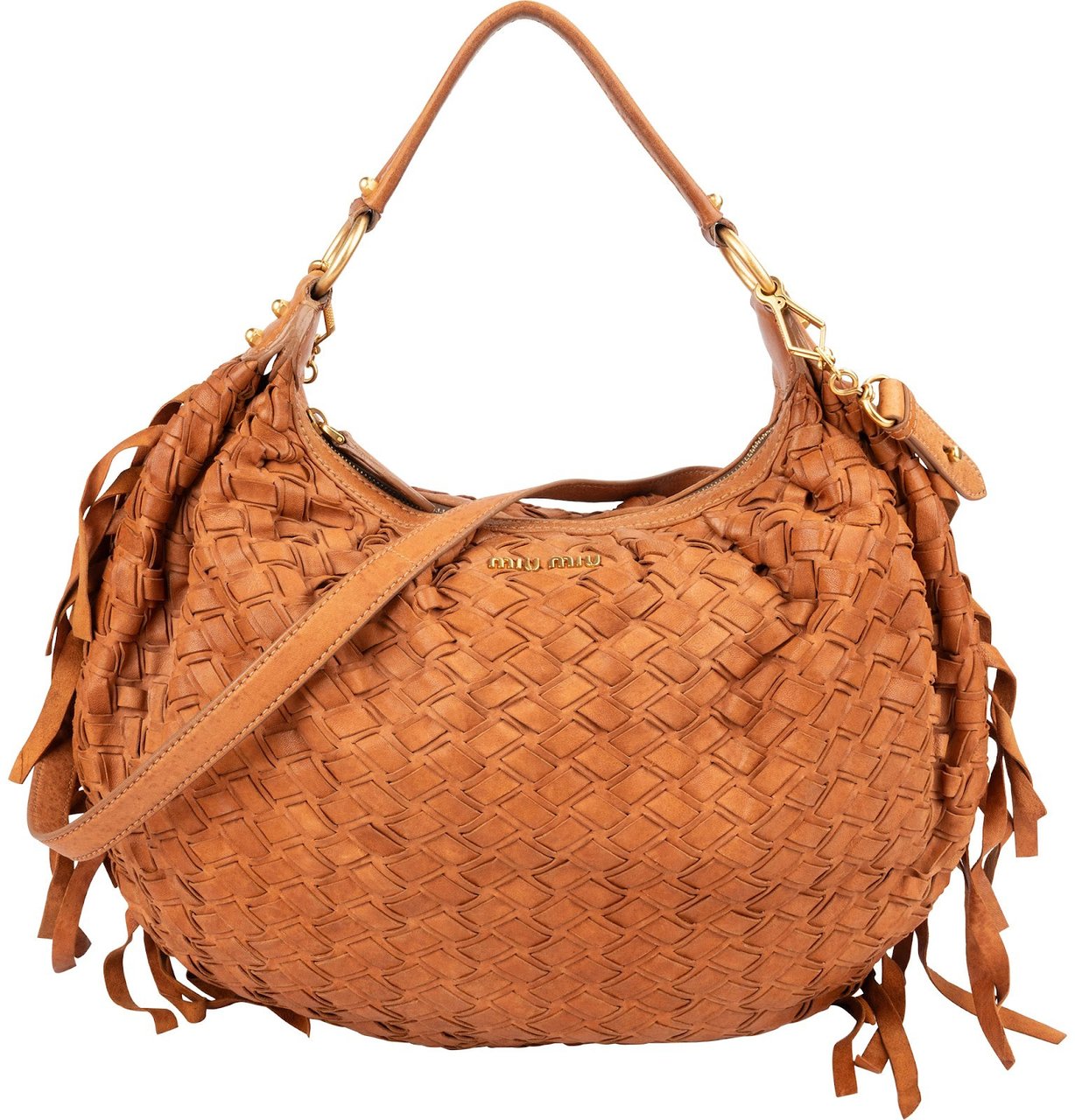 Miu Miu Woven Leather Fringe Hobo Shoulder Bag Bruin