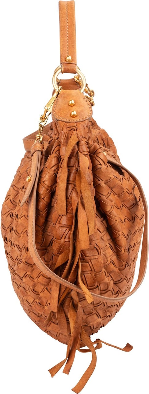 Miu Miu Woven Leather Fringe Hobo Shoulder Bag Bruin