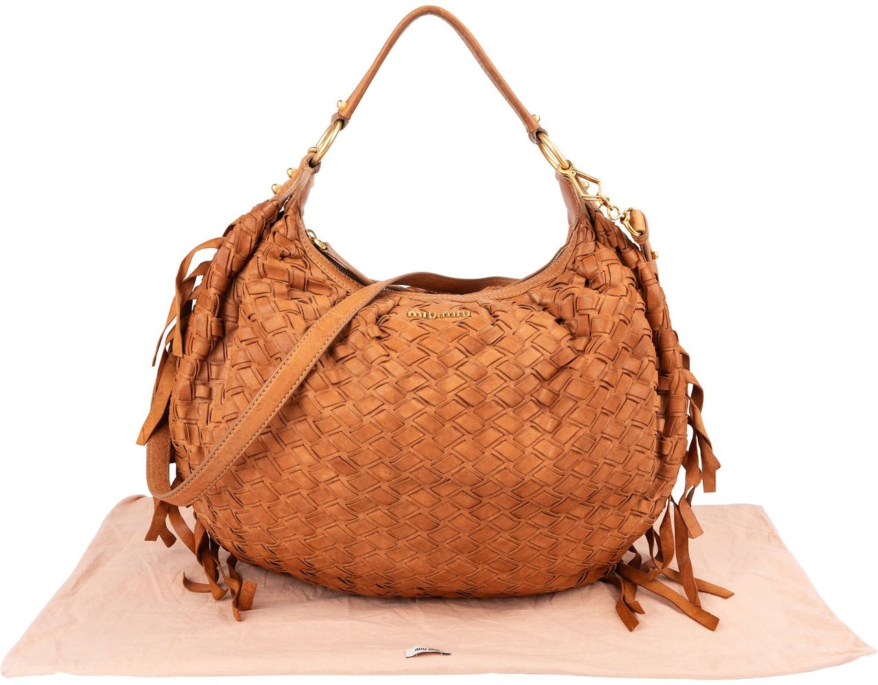 Miu Miu Woven Leather Fringe Hobo Shoulder Bag Bruin