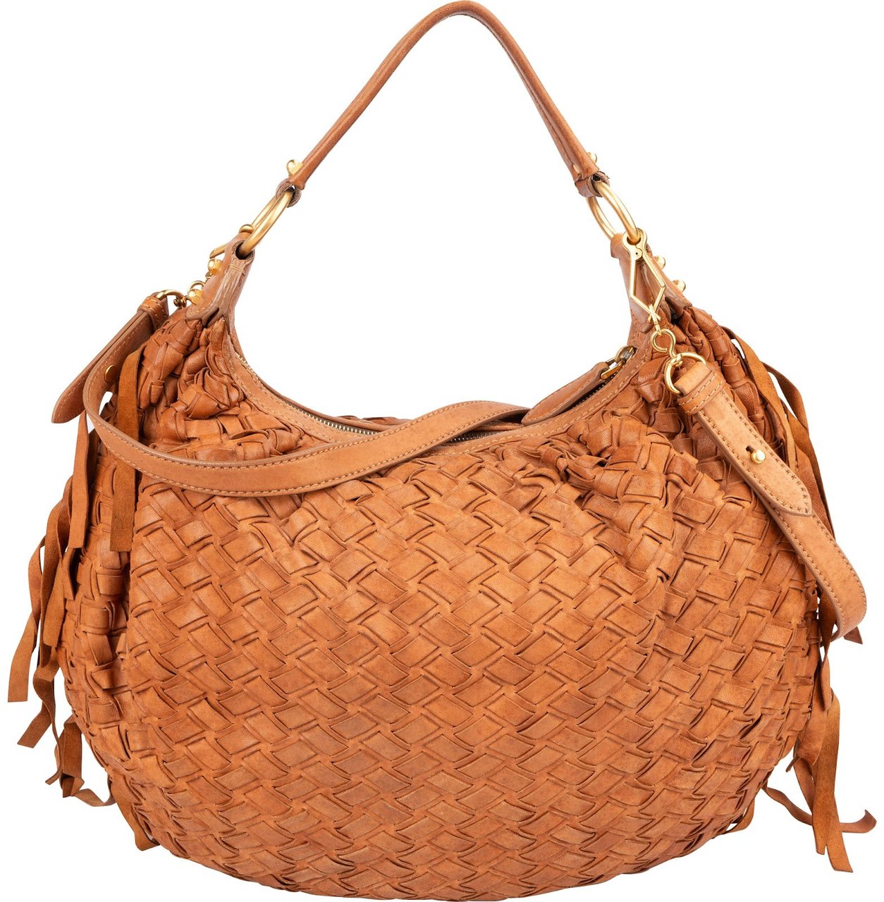 Miu Miu Woven Leather Fringe Hobo Shoulder Bag Bruin