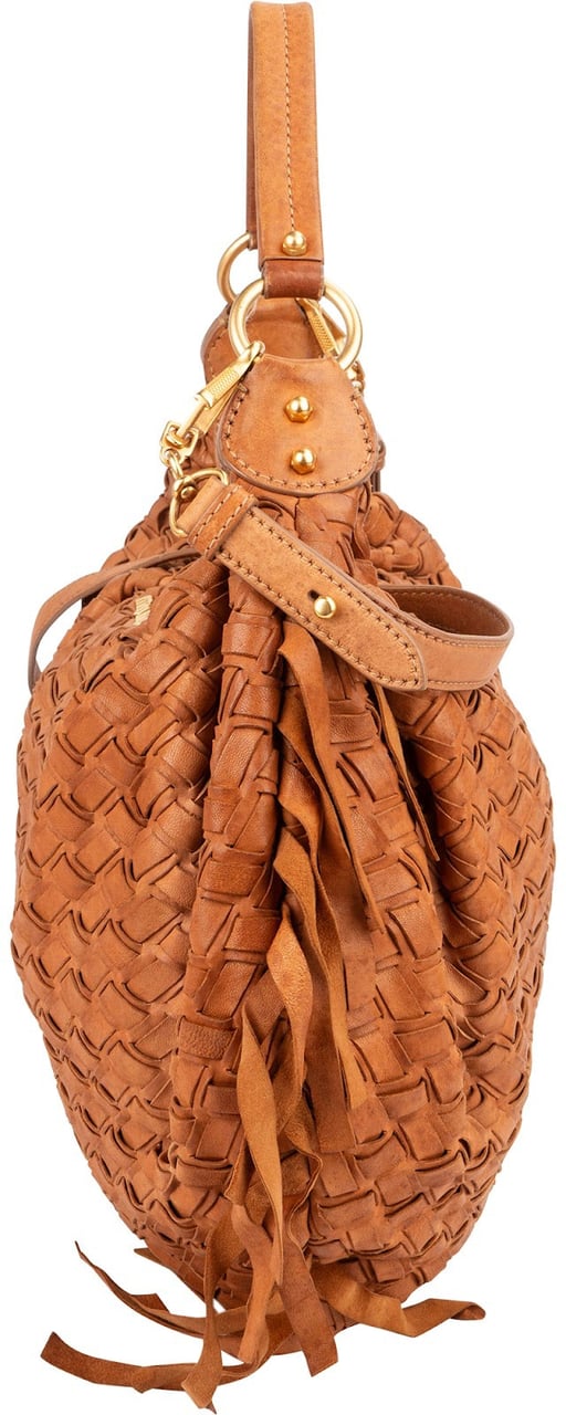Miu Miu Woven Leather Fringe Hobo Shoulder Bag Bruin