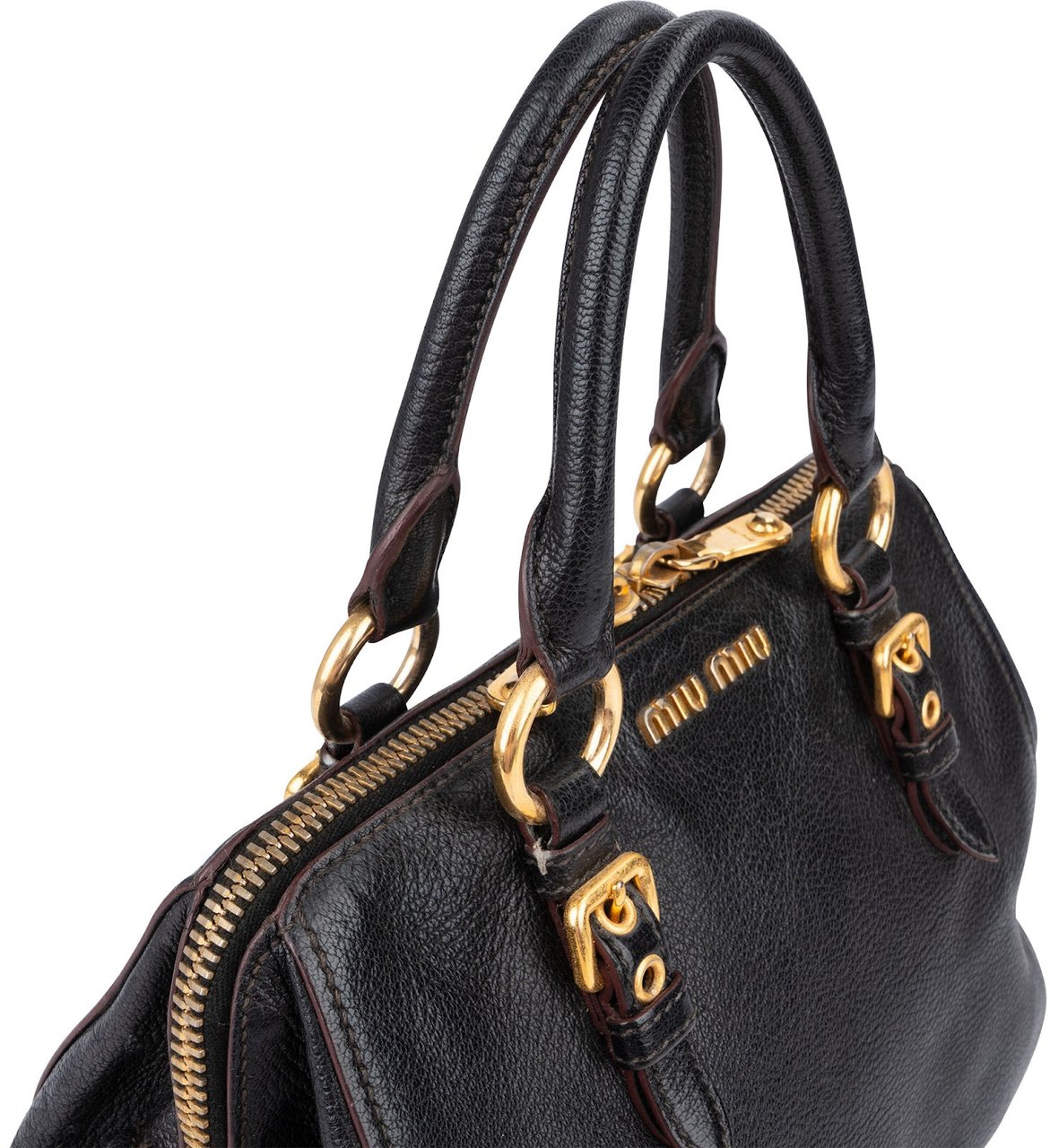 Miu Miu Leather Vitello Lux Bowler Handbag Zwart