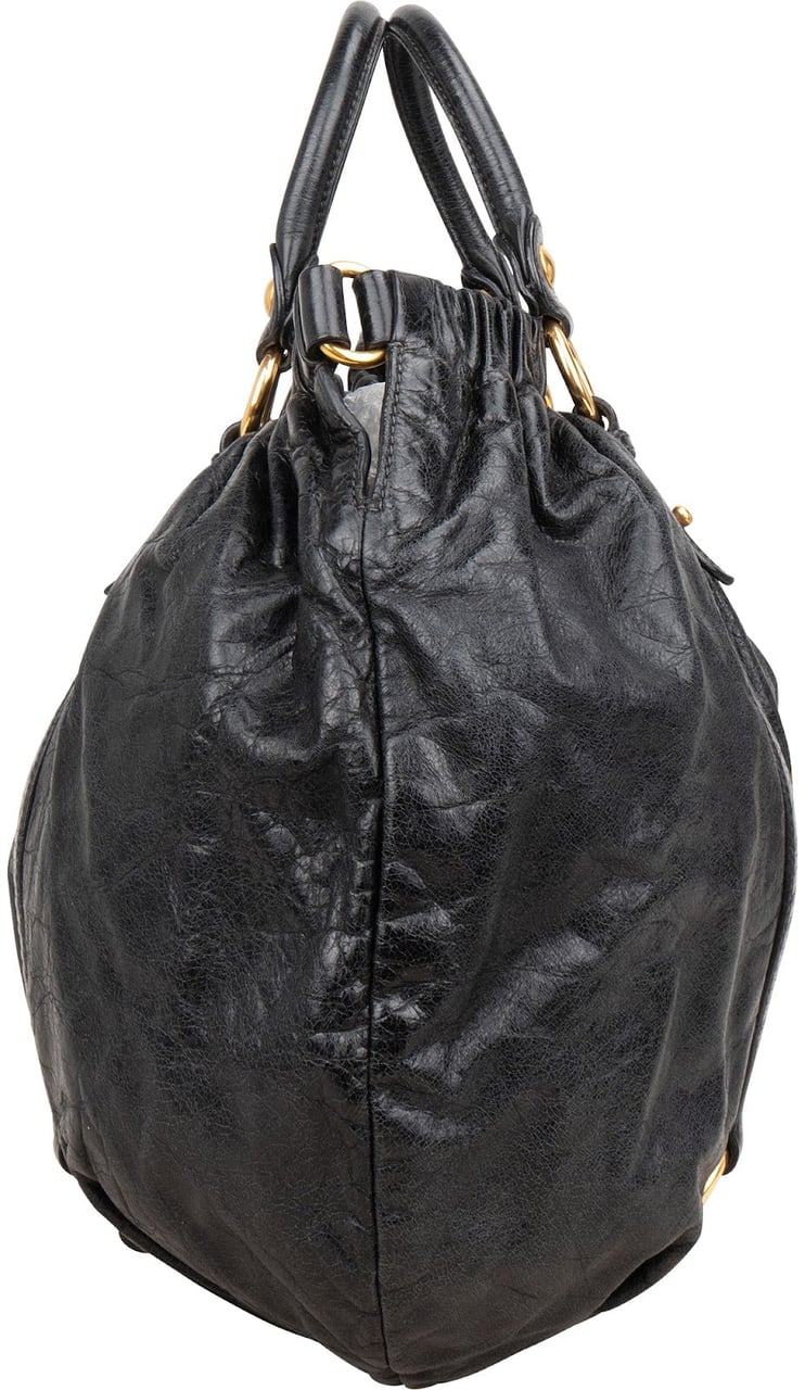 Miu Miu Vitello Lux Gathered Hobo Tote Handbag Zwart