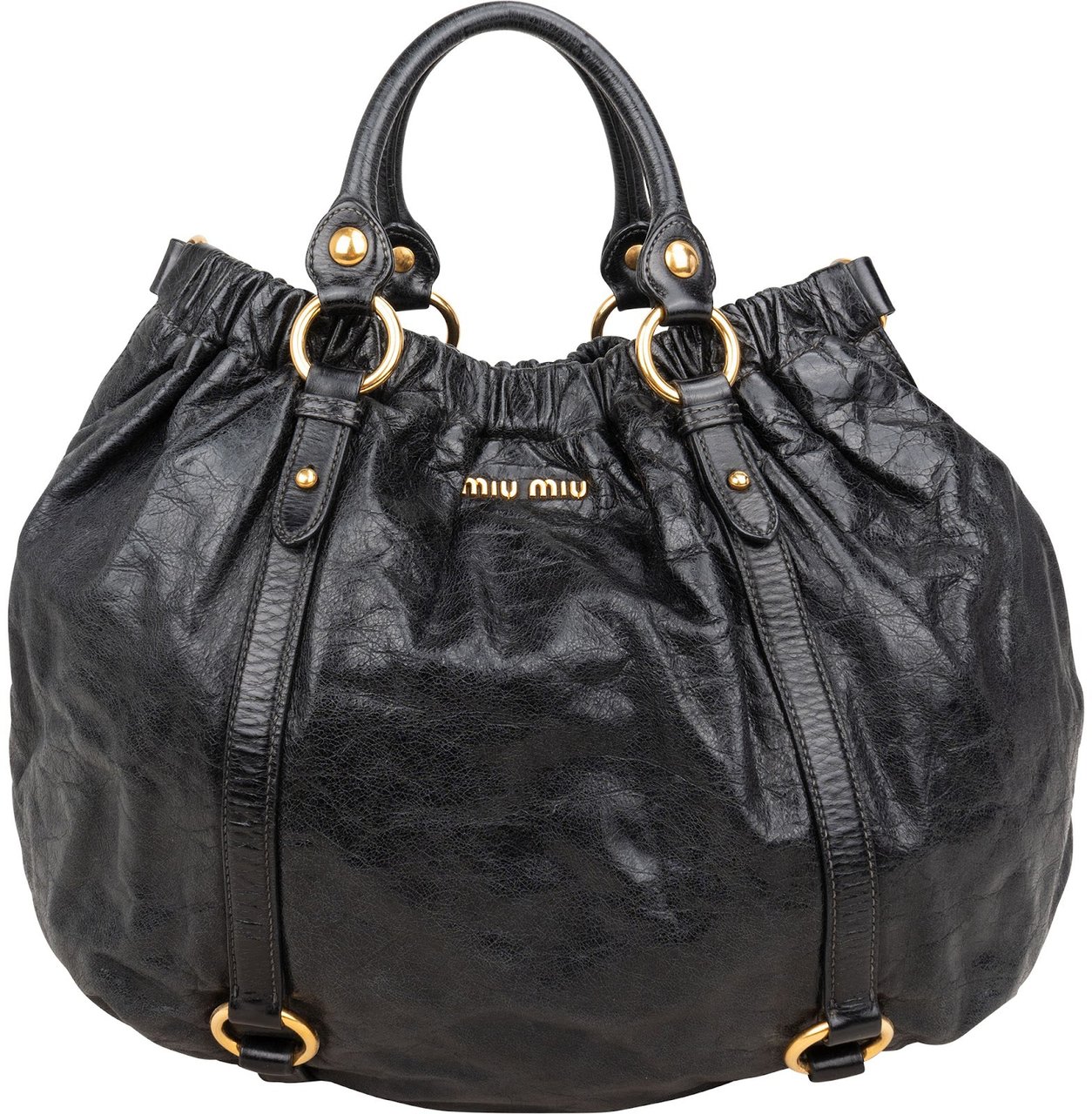 Miu Miu Vitello Lux Gathered Hobo Tote Handbag Zwart
