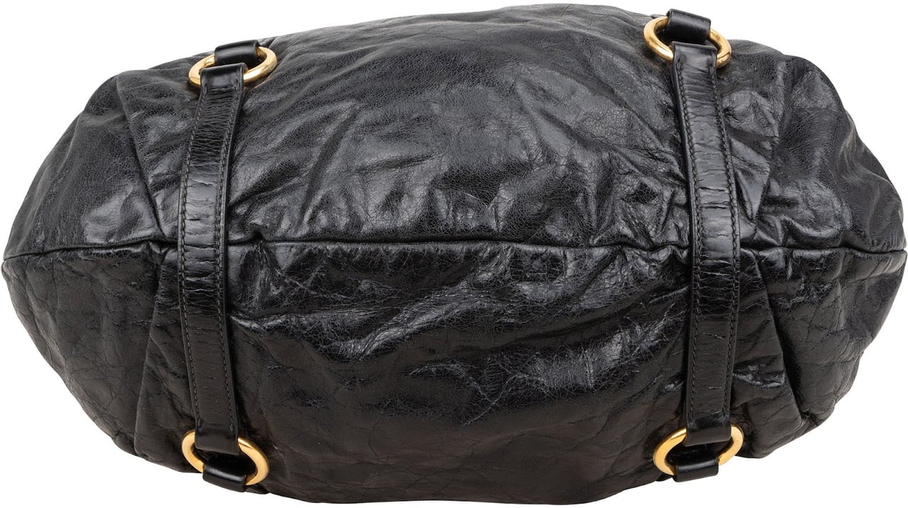 Miu Miu Vitello Lux Gathered Hobo Tote Handbag Zwart