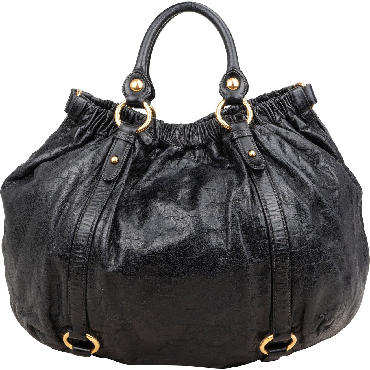 Miu Miu Vitello Lux Gathered Hobo Tote Handbag Zwart