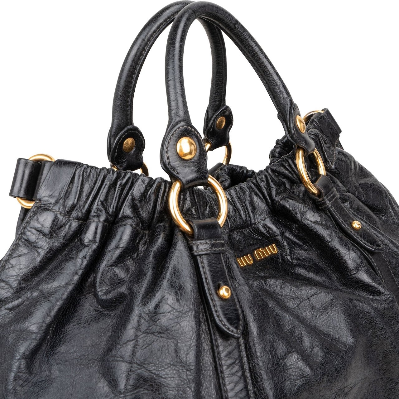 Miu Miu Vitello Lux Gathered Hobo Tote Handbag Zwart