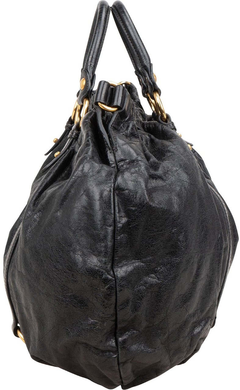 Miu Miu Vitello Lux Gathered Hobo Tote Handbag Zwart