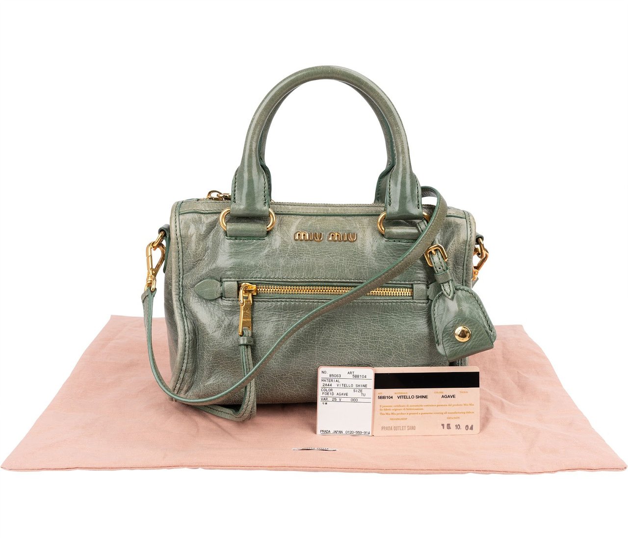 Miu Miu Vitello Shine Leather Mini Bauletto Handbag Groen