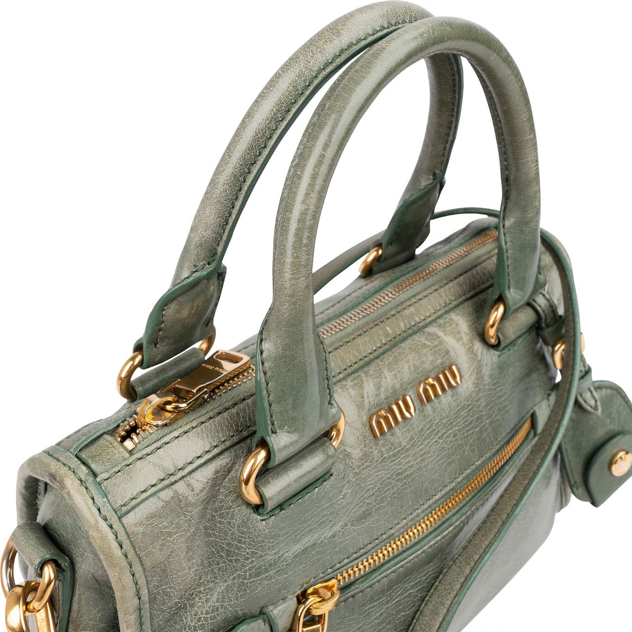 Miu Miu Vitello Shine Leather Mini Bauletto Handbag Groen