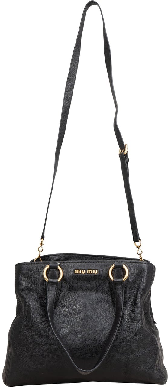 Miu Miu Vitello Daino Leather Two-Way Shopping Tote Shoulder Bag Zwart