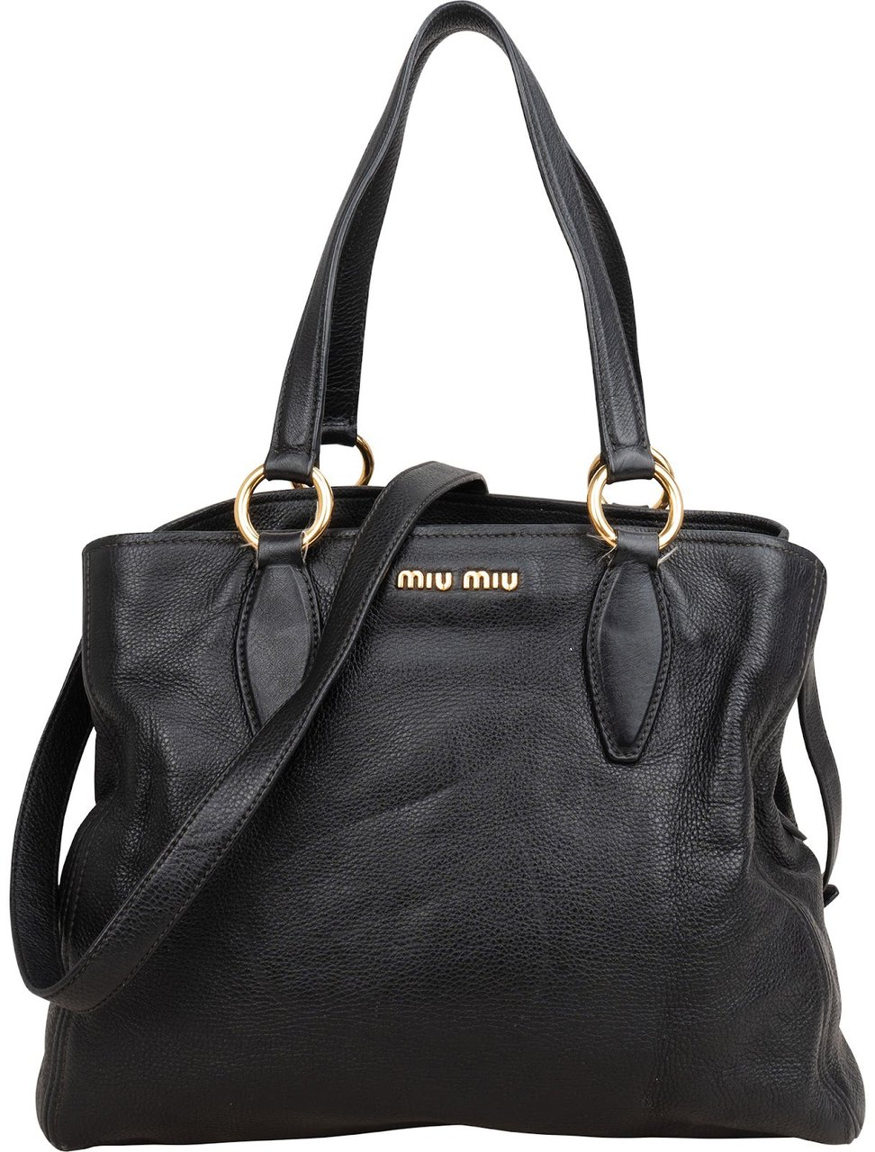 Miu Miu Vitello Daino Leather Two-Way Shopping Tote Shoulder Bag Zwart