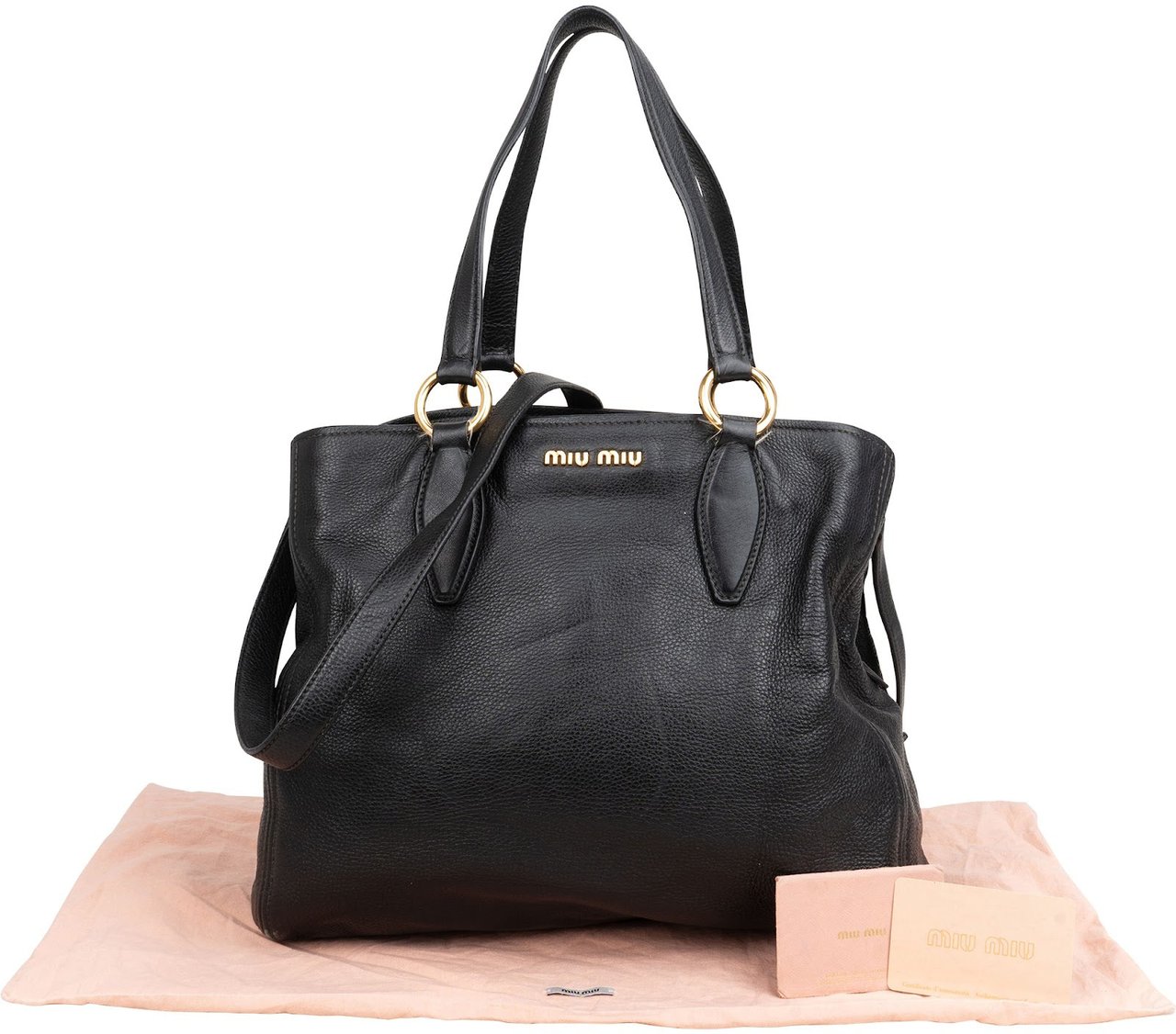Miu Miu Vitello Daino Leather Two-Way Shopping Tote Shoulder Bag Zwart