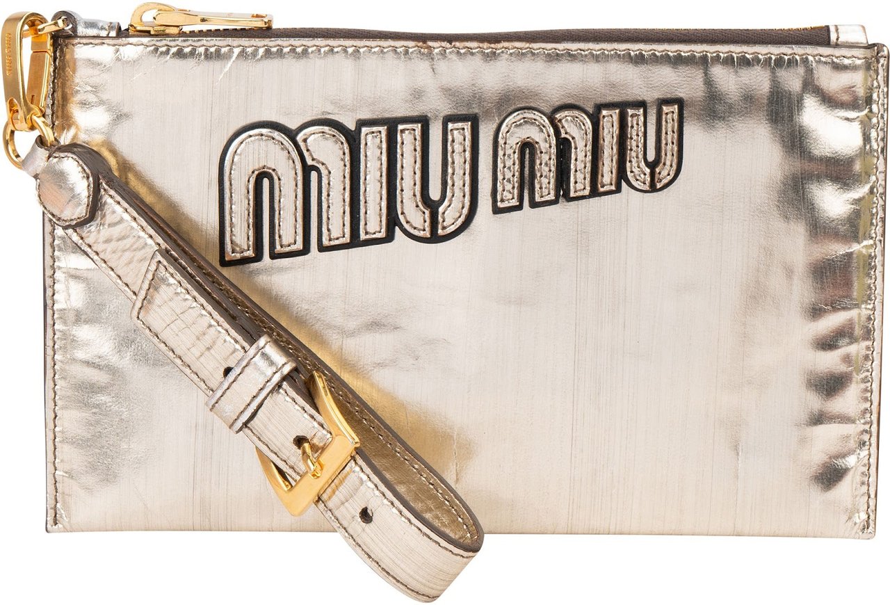 Miu Miu Metallic Leather Emblem Pouch Bag Oranje