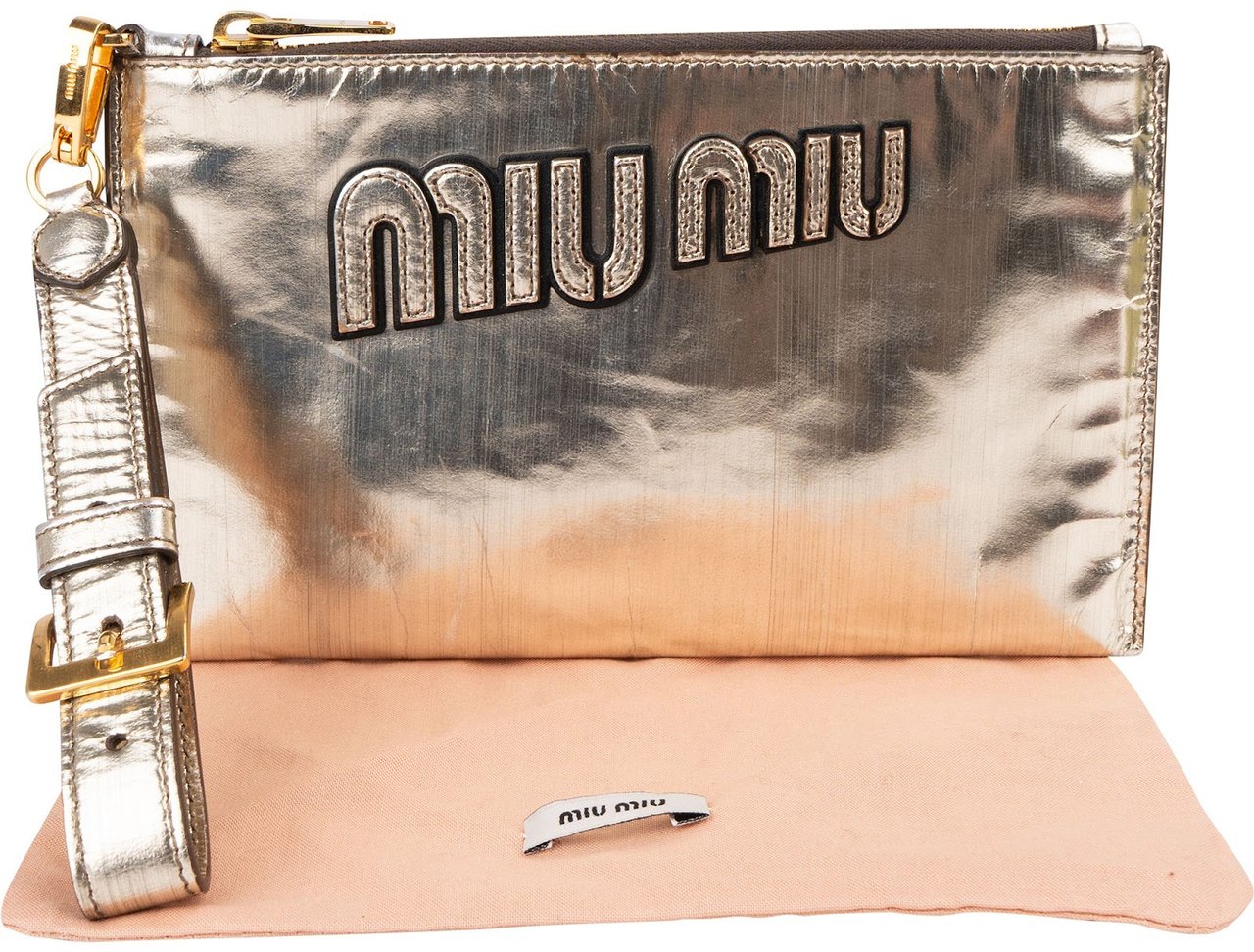 Miu Miu Metallic Leather Emblem Pouch Bag Oranje