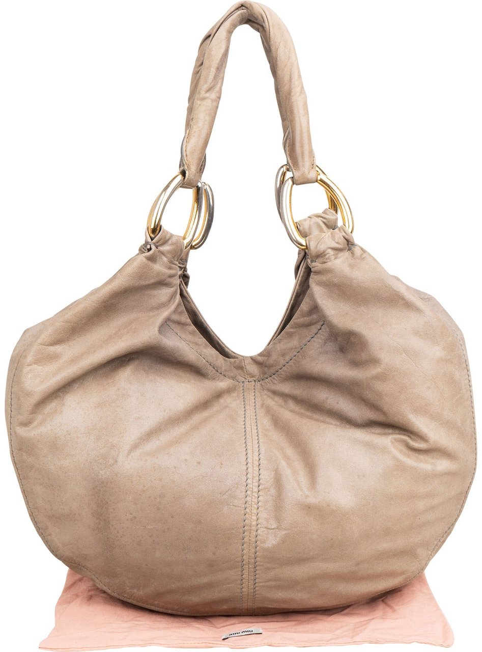 Miu Miu Leather Mombasa Hobo Shoulder Bag Donkergrijs