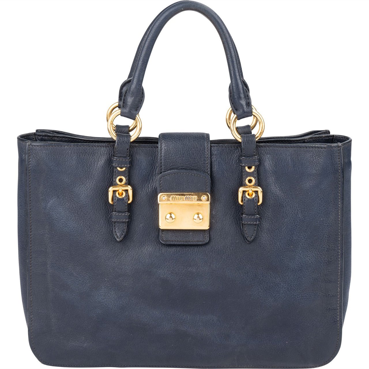 Miu Miu Blue Vitello Leather Tote Handbag Navy