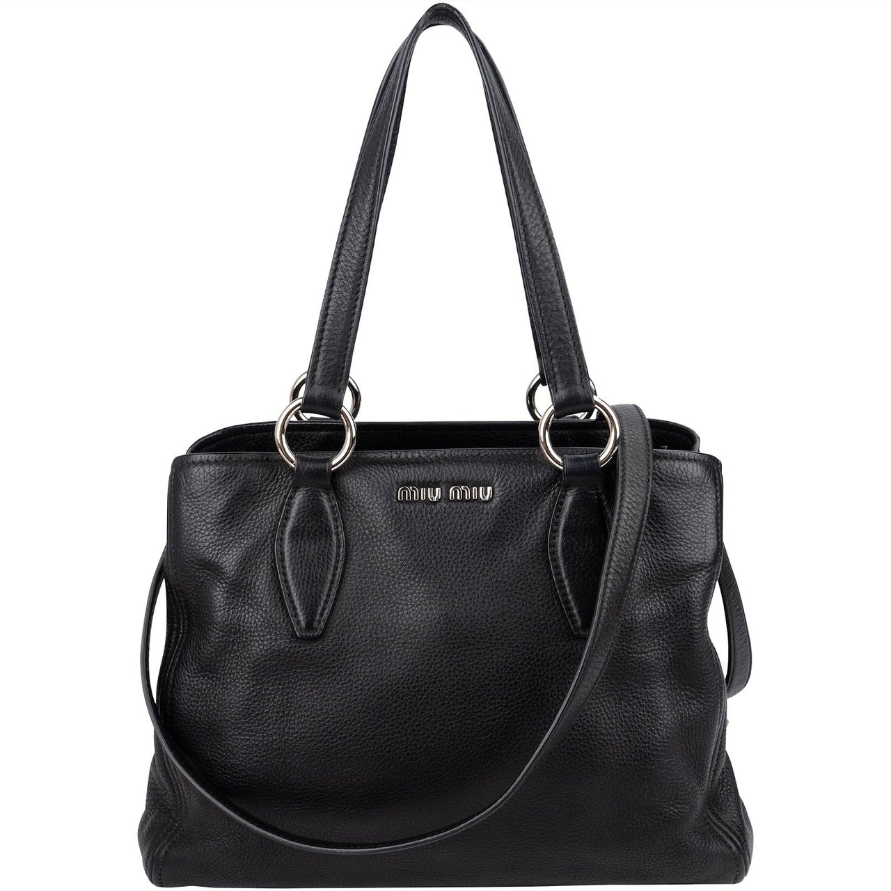 Miu Miu Grained Leather Vitello Daino Tote Shoulder Bag Zwart