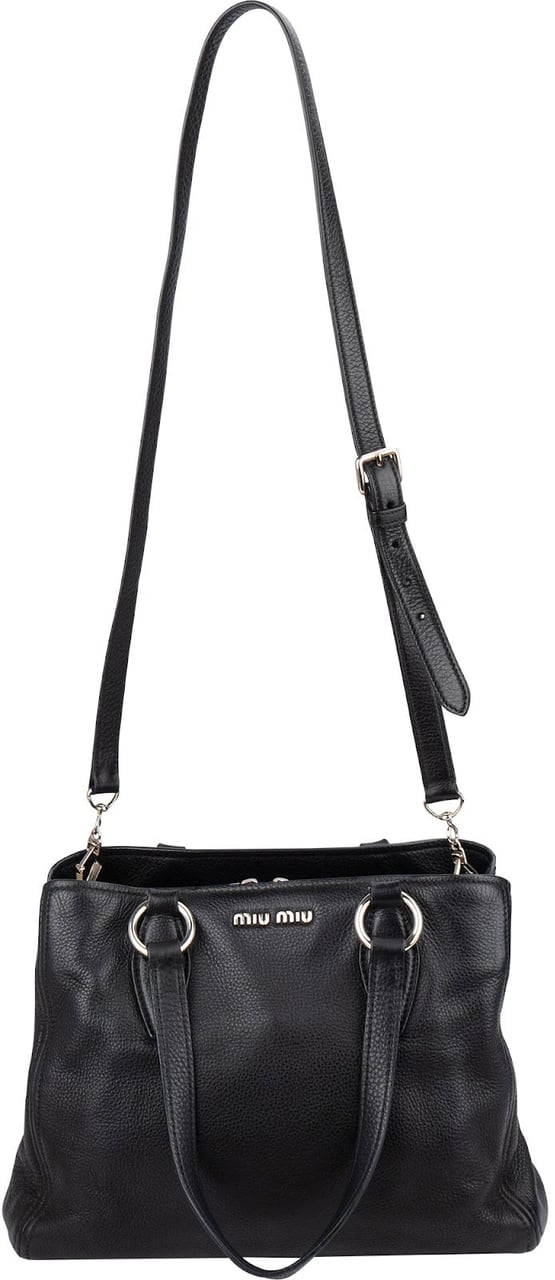 Miu Miu Grained Leather Vitello Daino Tote Shoulder Bag Zwart