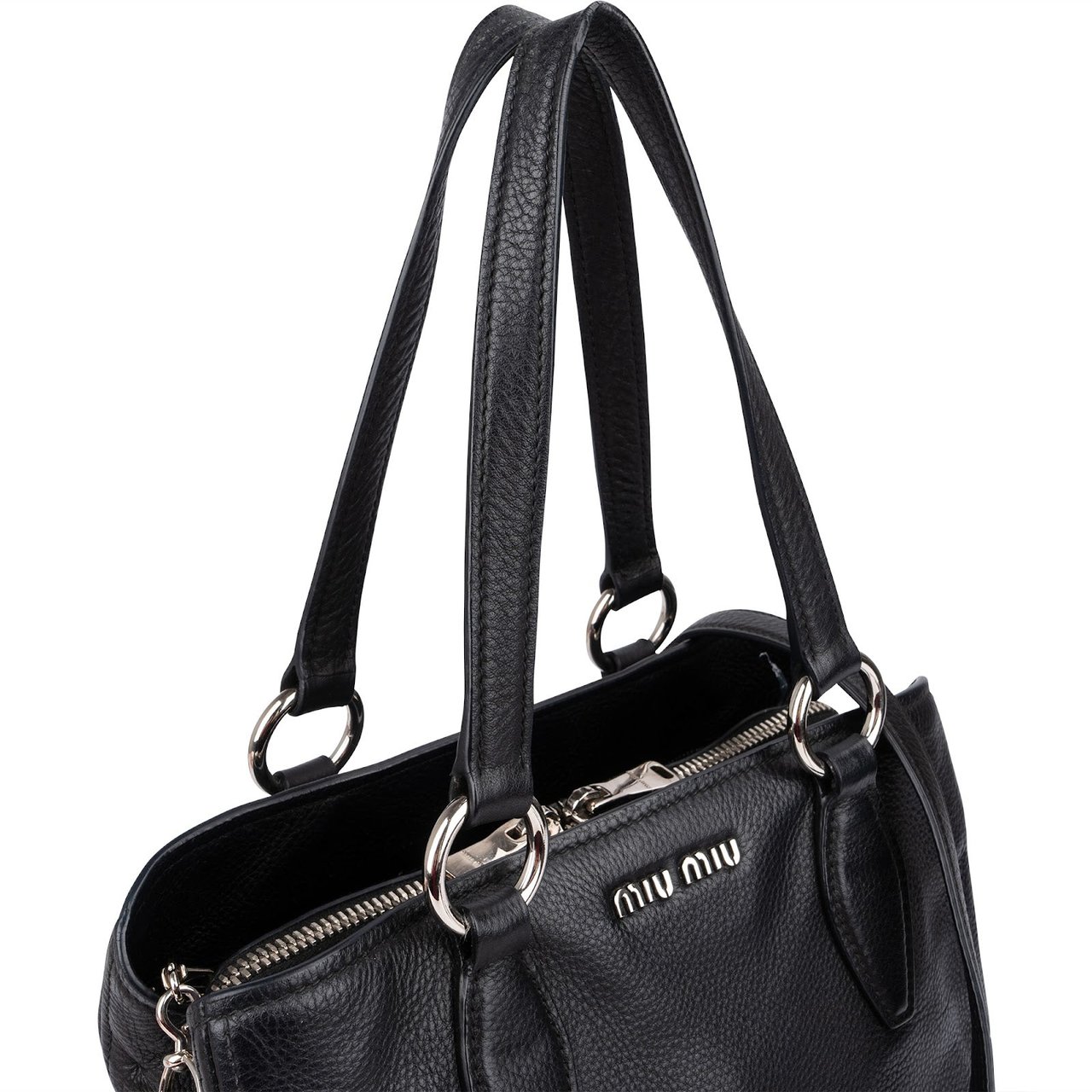 Miu Miu Grained Leather Vitello Daino Tote Shoulder Bag Zwart