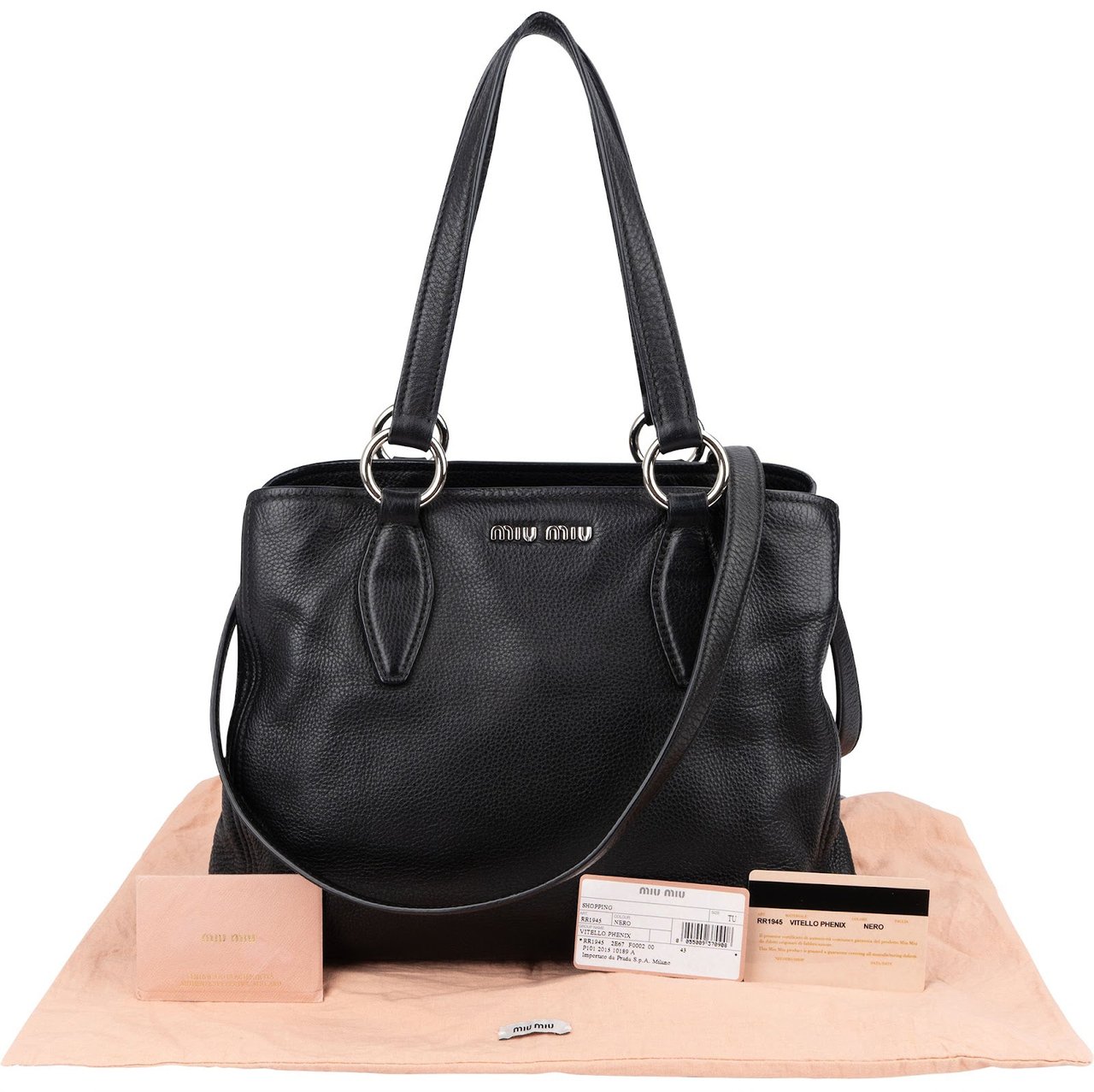 Miu Miu Grained Leather Vitello Daino Tote Shoulder Bag Zwart