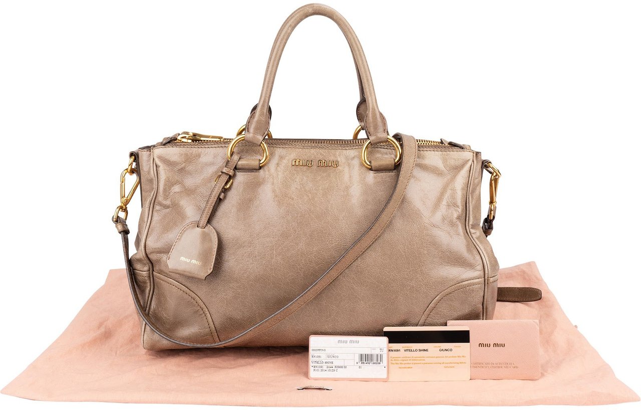 Miu Miu Vitello Lux Leather Bowler Handbag Donkergrijs