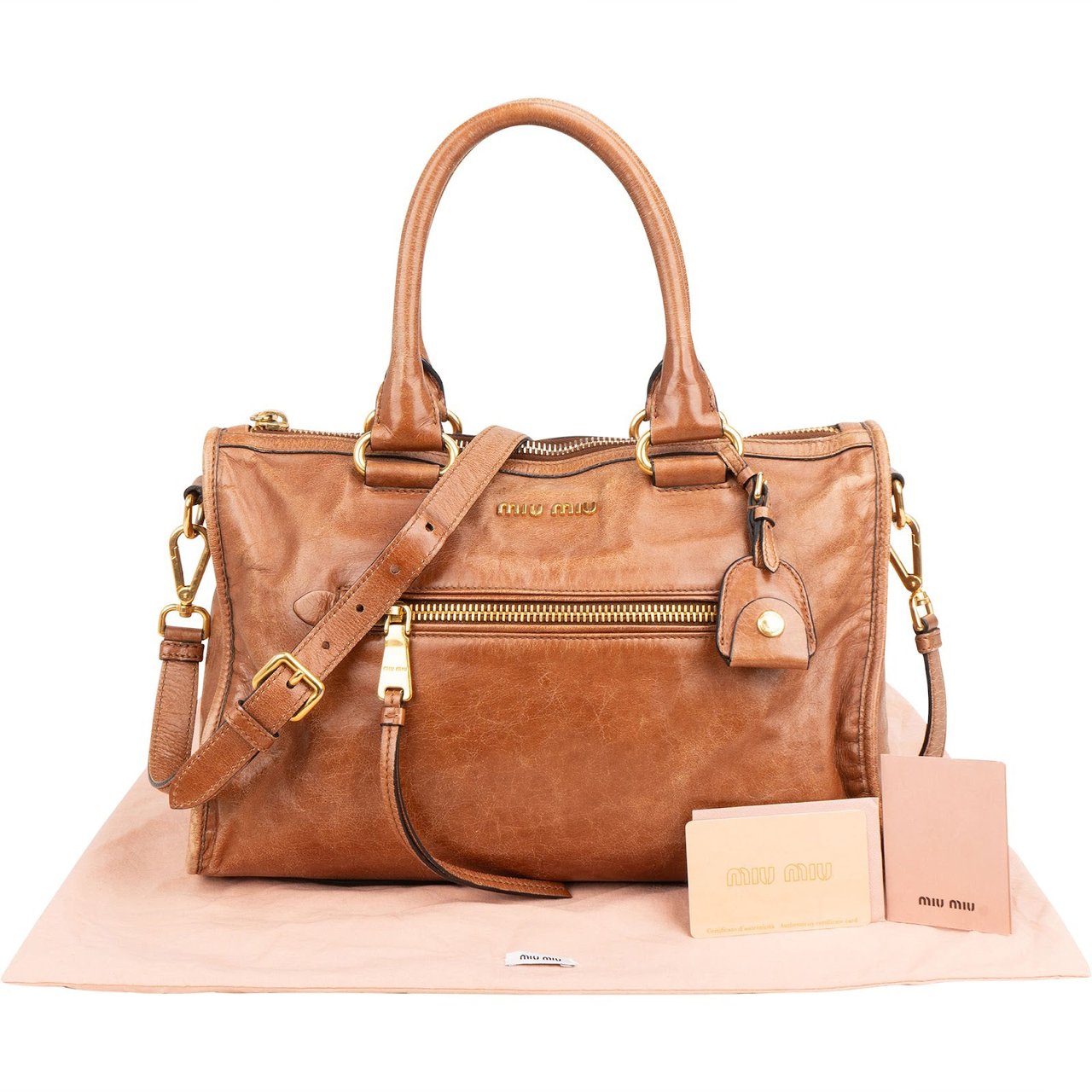 Miu Miu Vitello Lux Shine Leather Bauletto Handbag Bruin